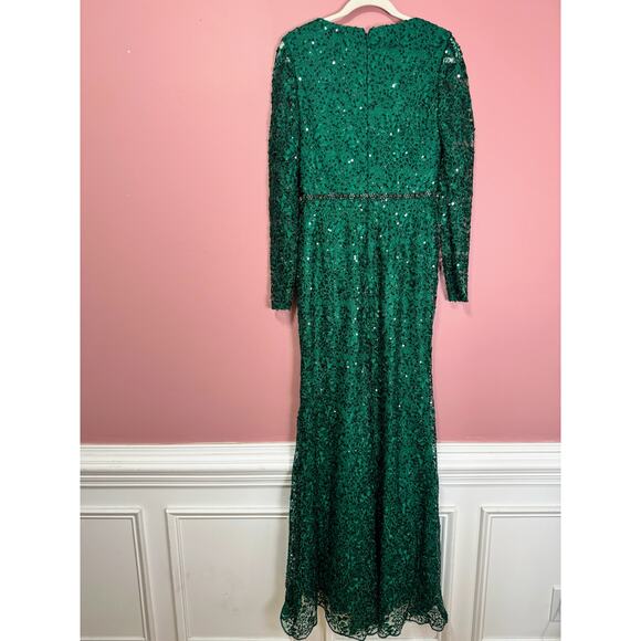 Mac Duggal Embellished Wrap Over Long Sleeve Gown Green Style 68016 Size 6 - Picture 8 of 9